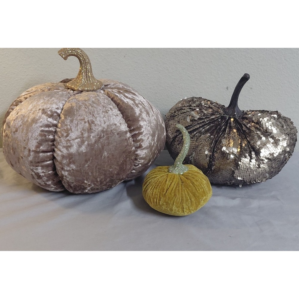 Set of 3 Decorative Pumpkin Velvet Sequin Glitter Fall Autumn Thanksgiving Decor